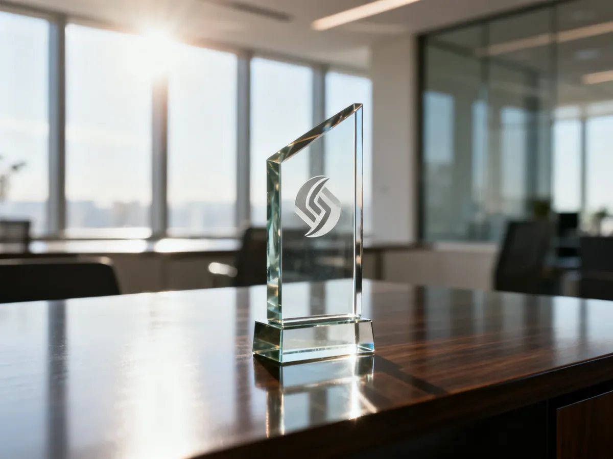 Szklane trofeum z logo na biurku w nowoczesnym biurze, symbolizujące profesjonalny wizerunek i sukces marki.