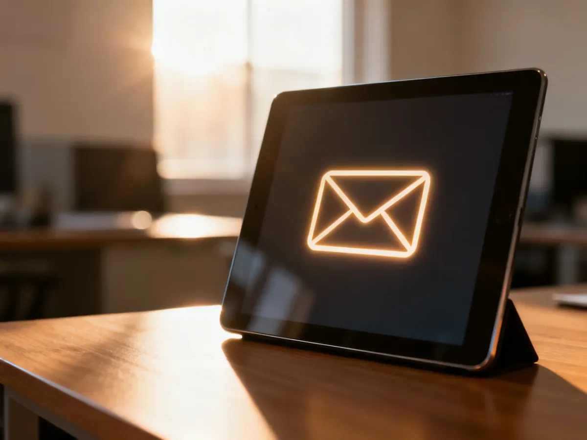 Nowoczesny tablet z ikoną wiadomości e-mail na drewnianym biurku, symbolizujący profesjonalną komunikację cyfrową.