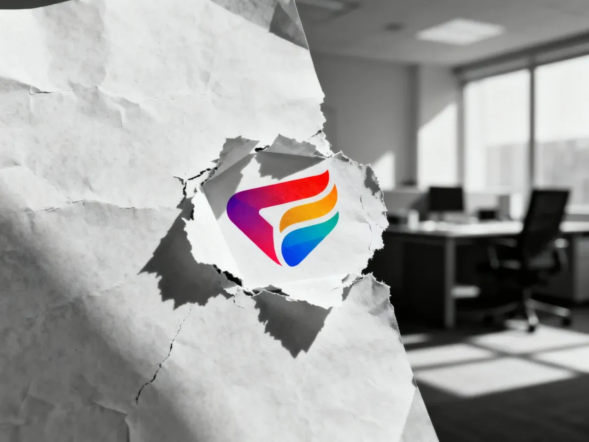 Nowe, kolorowe logo wyłaniające się z podartej, szarej kartki, symbolizujące udany proces zmiany wizerunku marki.