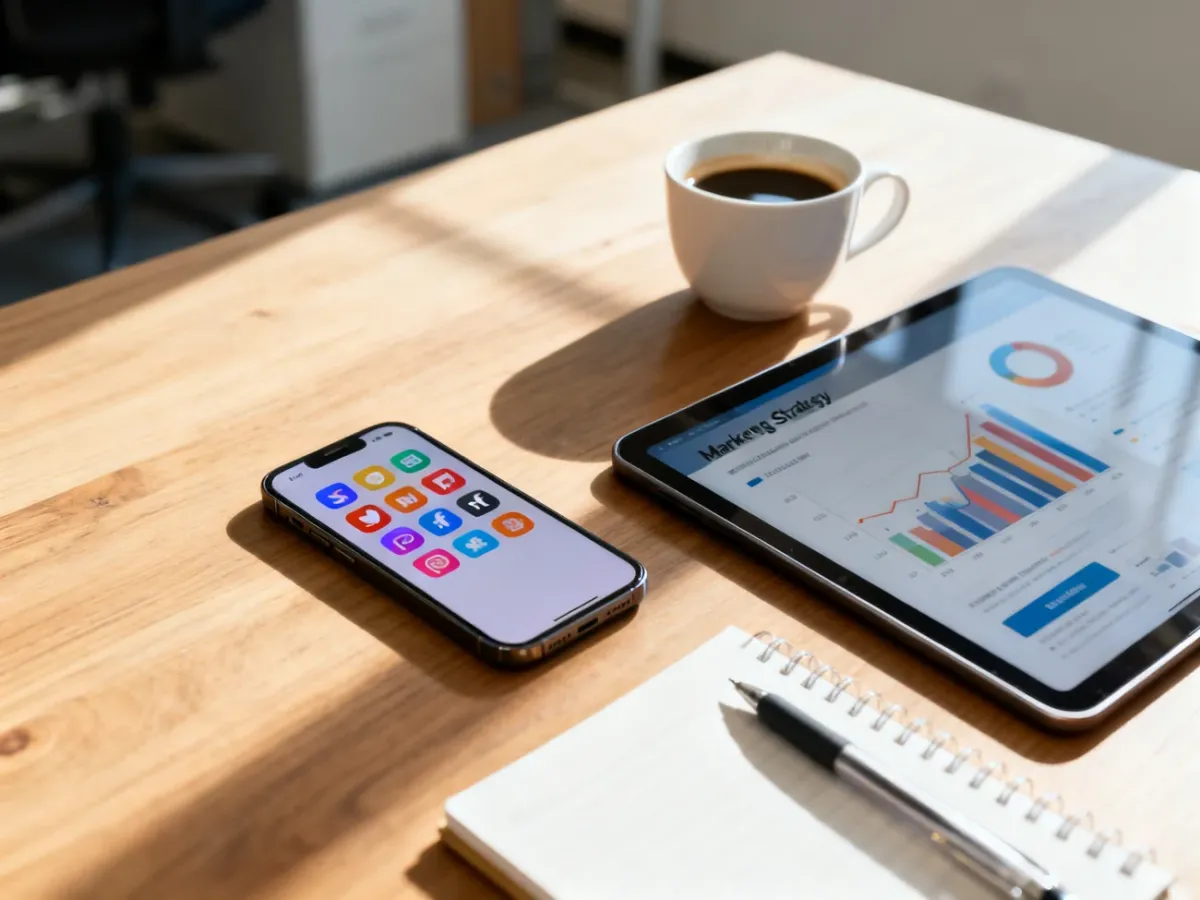Nowoczesne biurko z tabletem, smartfonem i notatnikiem, ilustrujące planowanie strategii marketingowej w mediach społecznościowych.