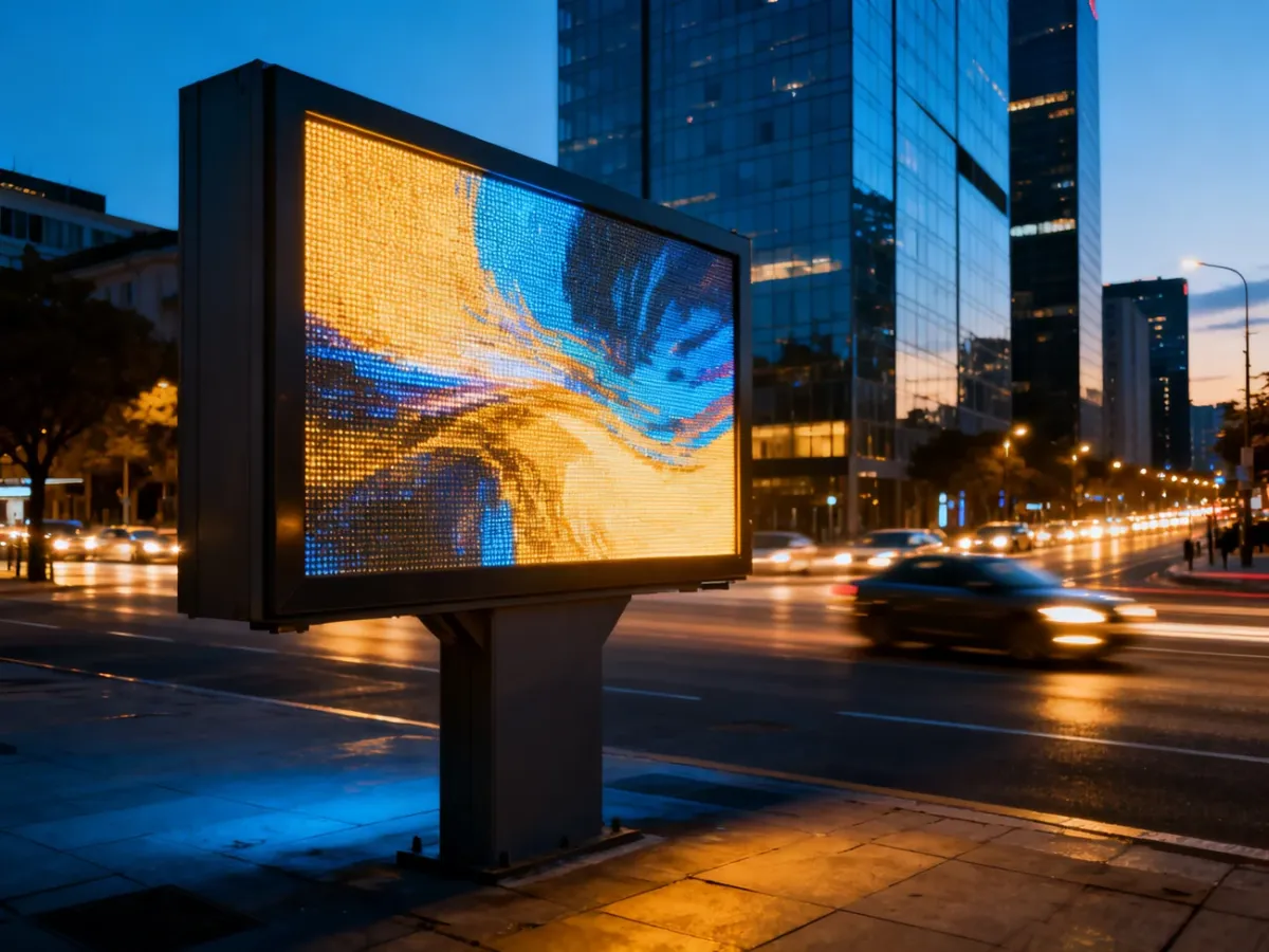 Nowoczesny cyfrowy billboard oświetlający wieczorną ulicę miasta w otoczeniu szklanych wieżowców.