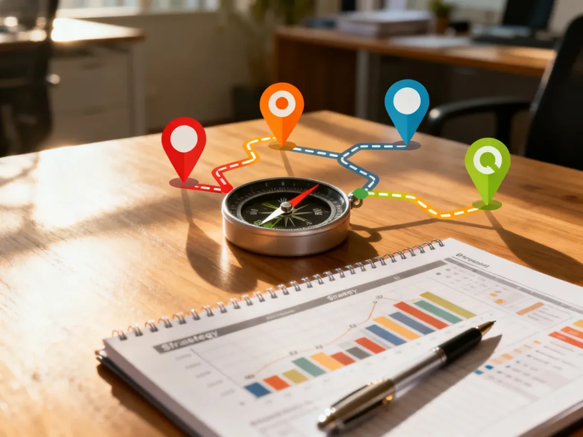 Kompas wskazujący kolorowe ikony map na biurku z planerem, symbolizujący wybór strategii marketingowej dla firmy.