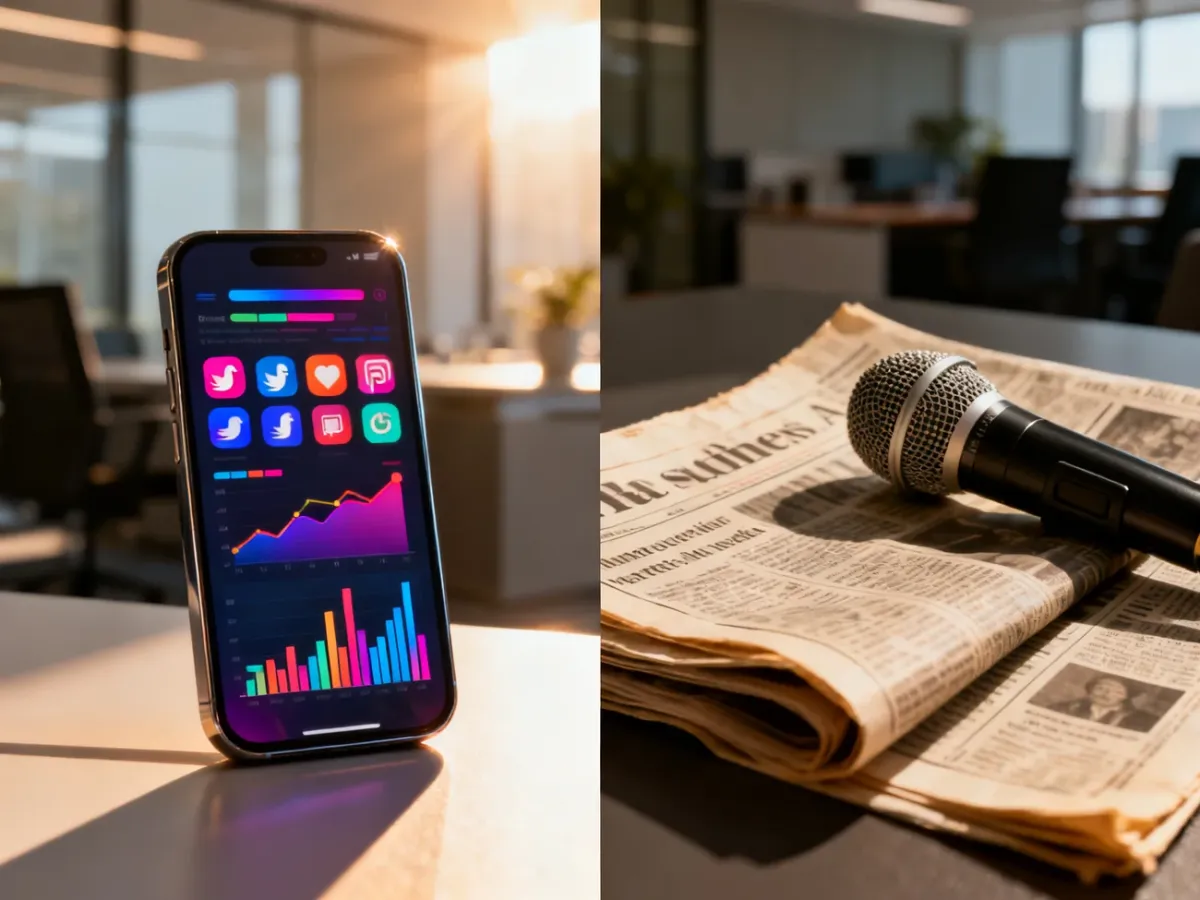 Porównanie nowoczesnego influencer marketingu z tradycyjnymi mediami w biurowym otoczeniu.
