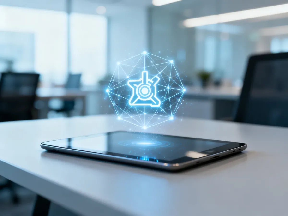 Holograficzna ikona sieci cyfrowej nad tabletem, symbolizująca nowoczesne strategie i łączność w marketingu online.
