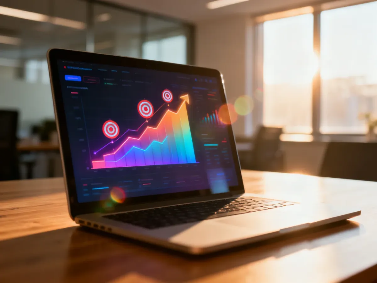 Laptop z wyświetlonym panelem analitycznym i wykresami wzrostu na biurku, symbolizujący profesjonalne zarządzanie reklamami.