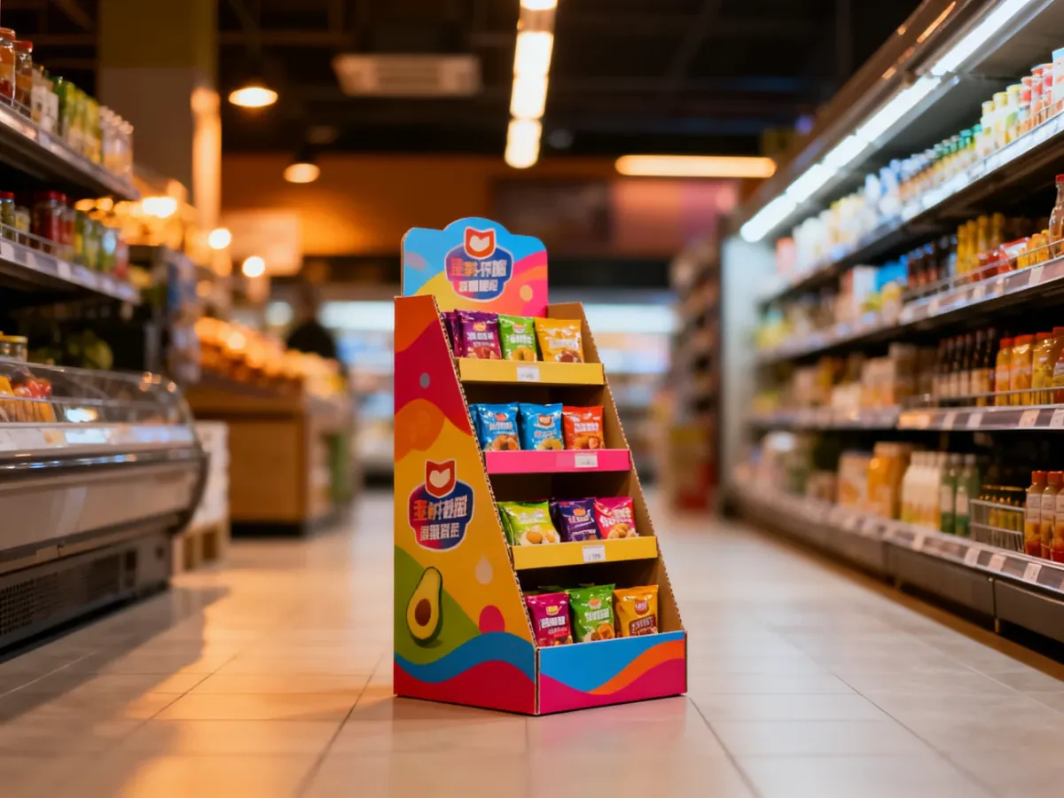 Kolorowy kartonowy stojak reklamowy z produktami w nowoczesnym wnętrzu sklepu, przyciągający uwagę klientów.