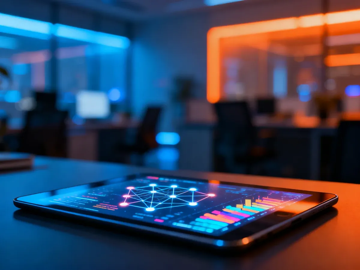 Tablet z cyfrowymi wykresami i siecią połączeń, symbolizujący nowoczesne narzędzia marketingu cyfrowego i mediów społecznościowych.