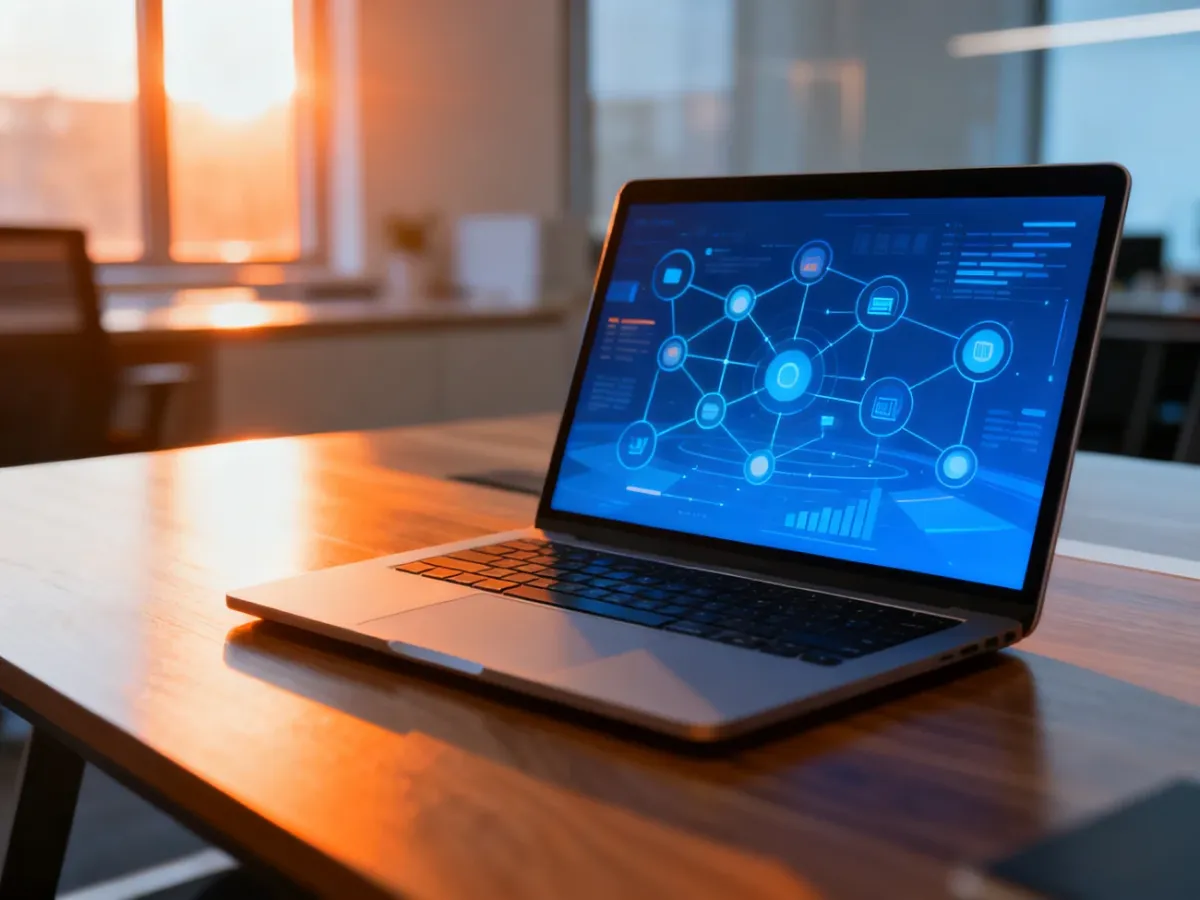 Nowoczesny laptop na biurku z wizualizacją cyfrowych procesów, symbolizującą automatyzację marketingu w pracy.
