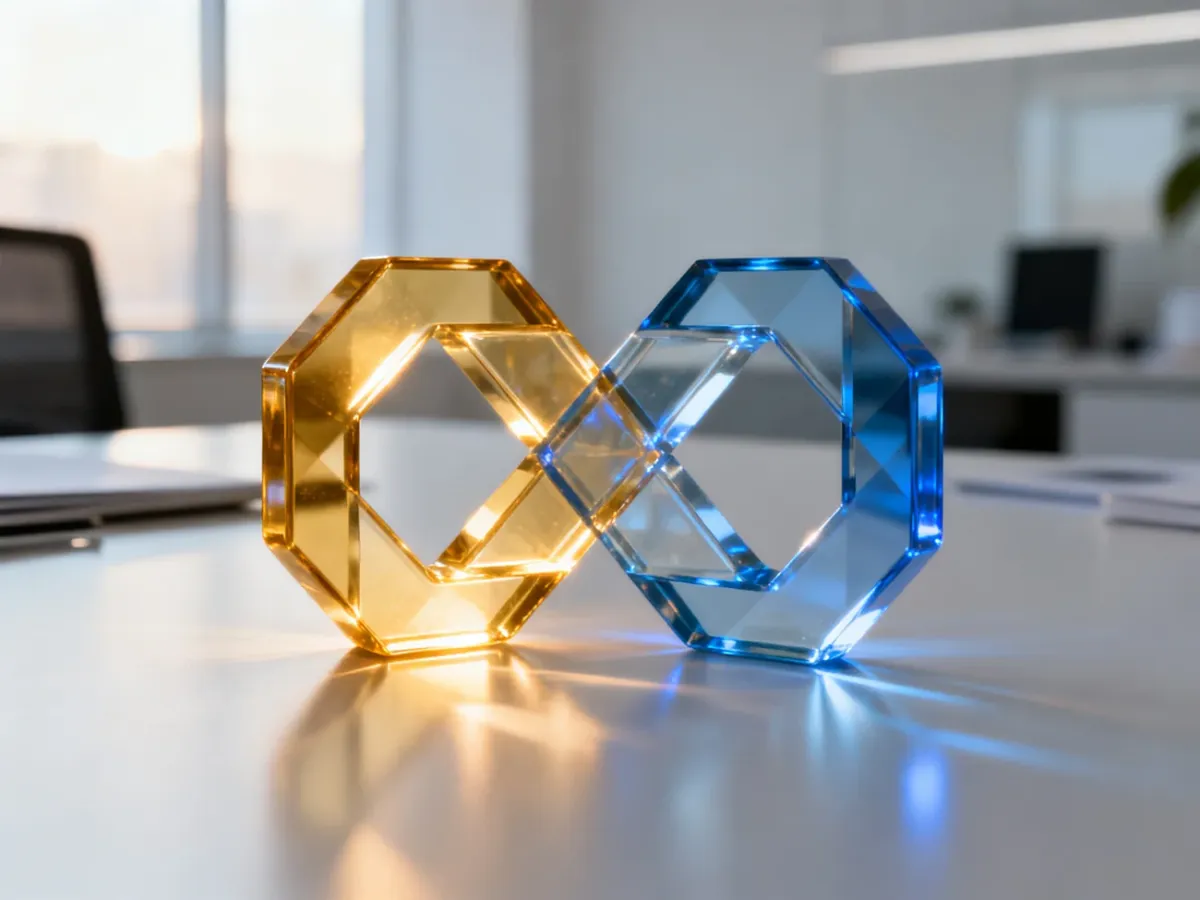 Dwie przenikające się geometryczne bryły w kolorach złota i błękitu, symbolizujące synergię między brandingiem a marketingiem.
