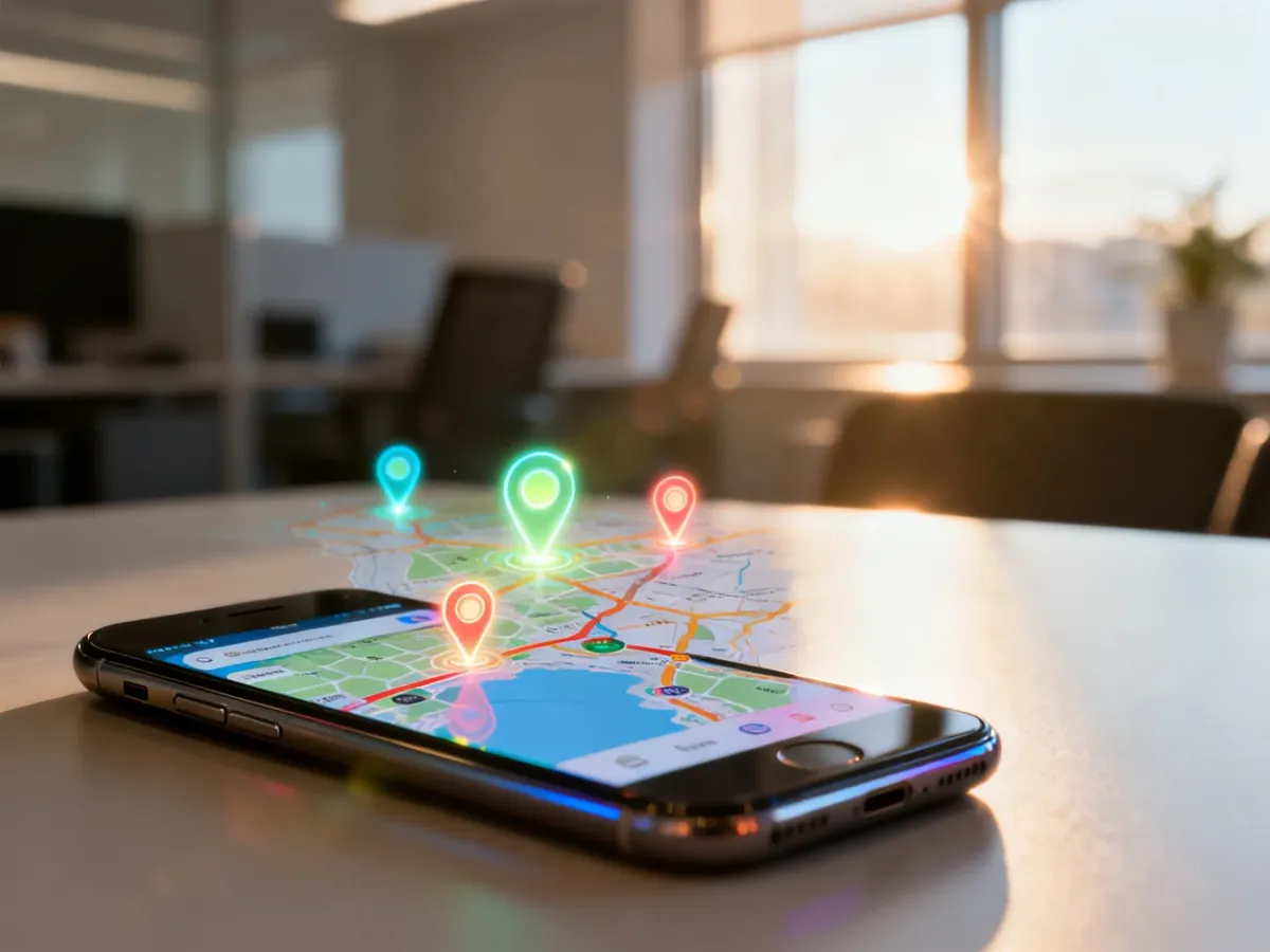 Ekran smartfona z interaktywną mapą i pinezkami lokalizacji, symbolizujący skuteczną reklamę usług w Google Ads.