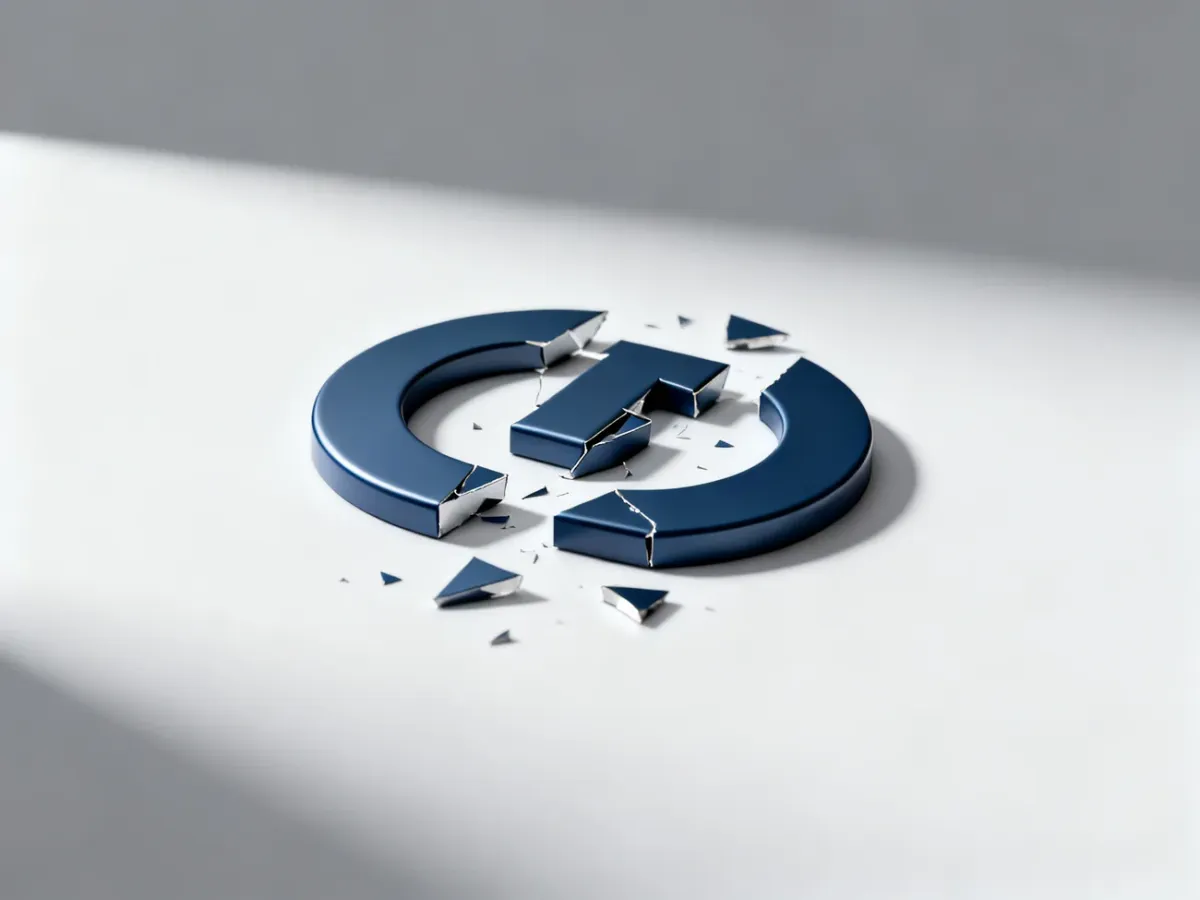 Rozbite logo na białym tle symbolizujące nieudaną strategię rebrandingową i upadek tożsamości marki.