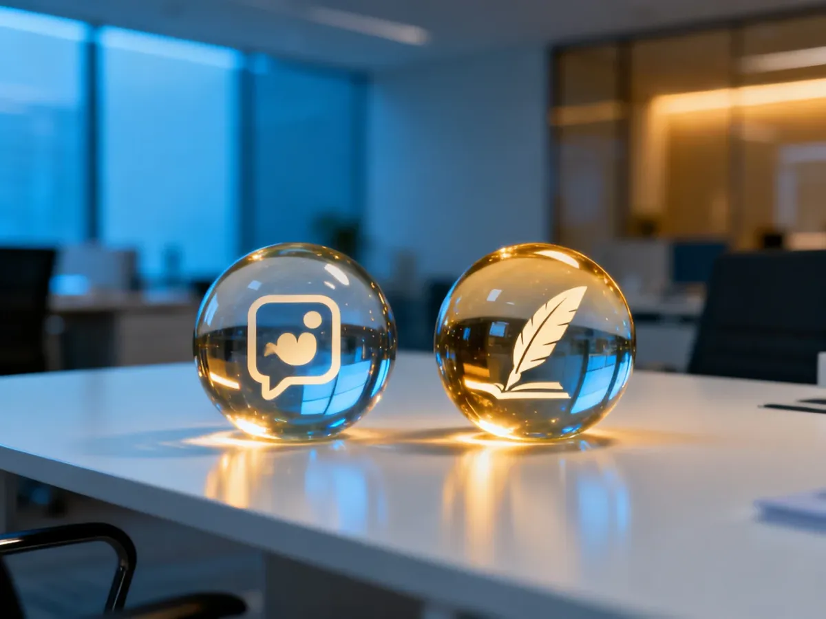 Dwie świecące kule z ikonami mediów społecznościowych i pióra symbolizujące równowagę między influencer a content marketingiem.