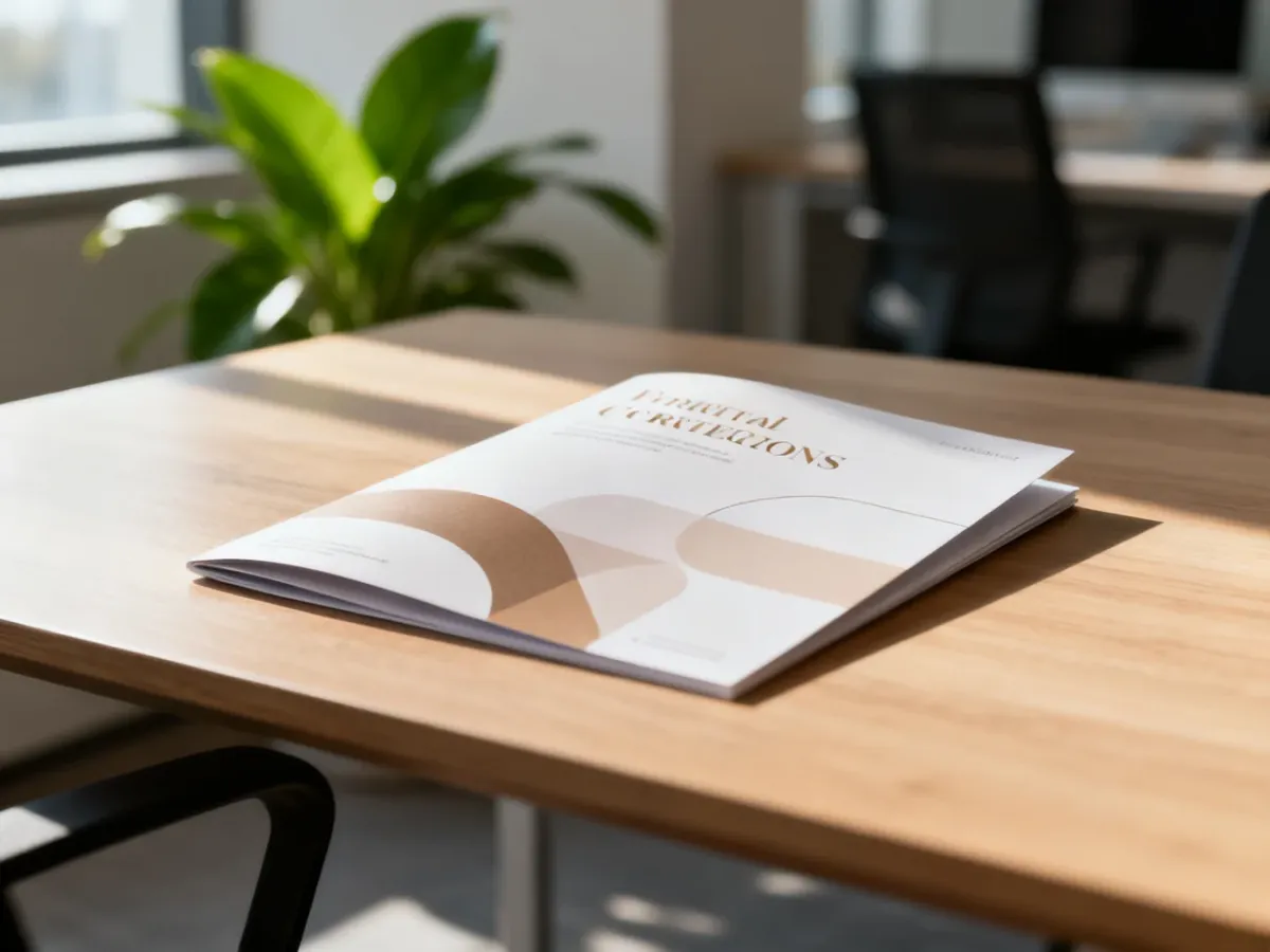 Profesjonalny folder reklamowy z geometryczną grafiką leżący na drewnianym biurku w nowoczesnym biurze.