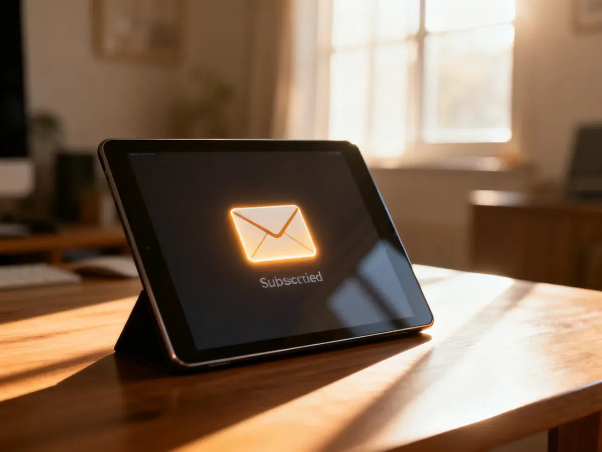 Tablet na drewnianym biurku z ikoną koperty na ekranie, symbolizującą subskrypcję newslettera w domowym biurze.
