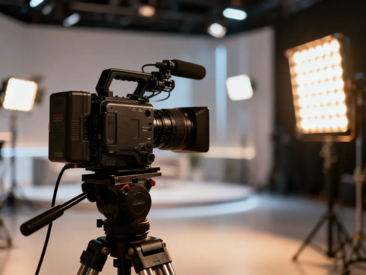 Profesjonalna kamera filmowa na statywie w studiu nagraniowym, gotowa do realizacji spotu reklamowego.