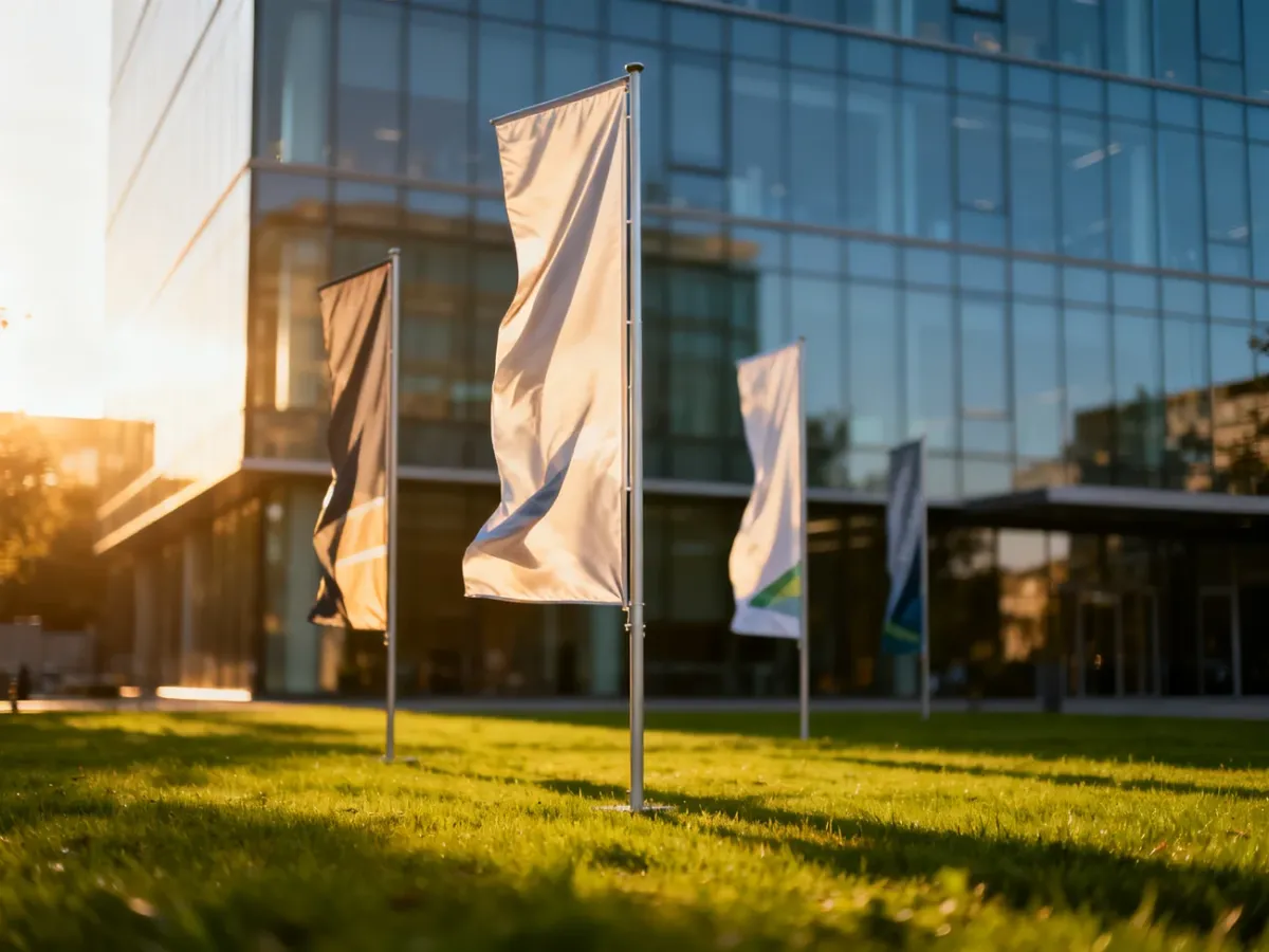 Wysokie flagi reklamowe powiewające na wietrze przed nowoczesnym biurowcem w świetle zachodzącego słońca.