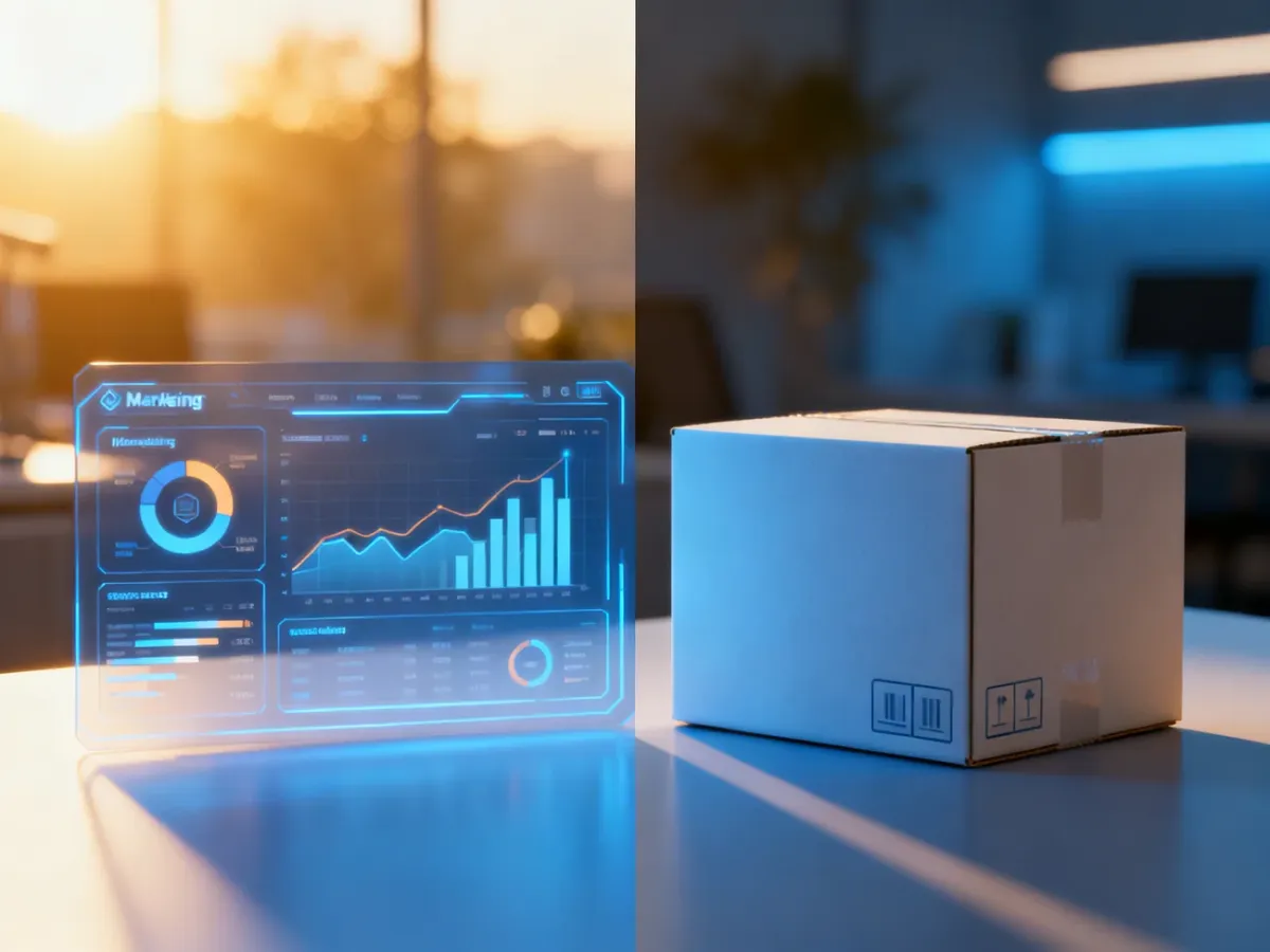 Zestawienie cyfrowego panelu analitycznego marketingu z minimalistyczną paczką e-commerce, obrazujące synergię obu dziedzin.