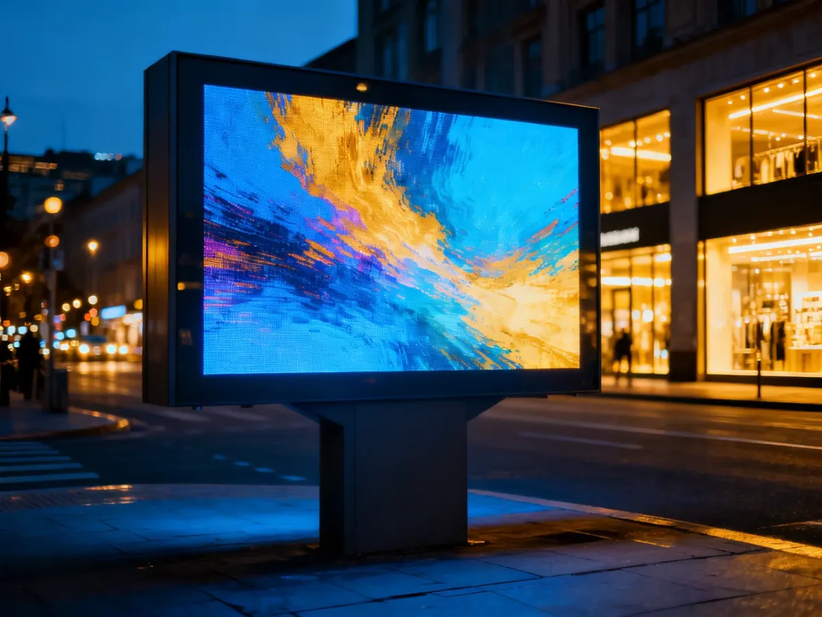 Nowoczesny cyfrowy billboard wyświetlający abstrakcyjne kolory na tle tętniącej życiem miejskiej ulicy o zmierzchu.