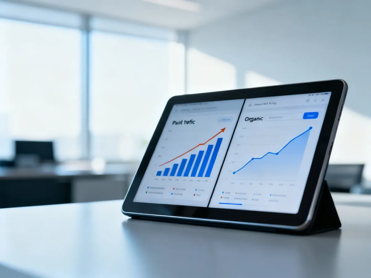 Tablet z wykresem wzrostu płatnego ruchu i organicznych wyników wyszukiwania, ilustrujący porównanie strategii Google Ads i SEO.