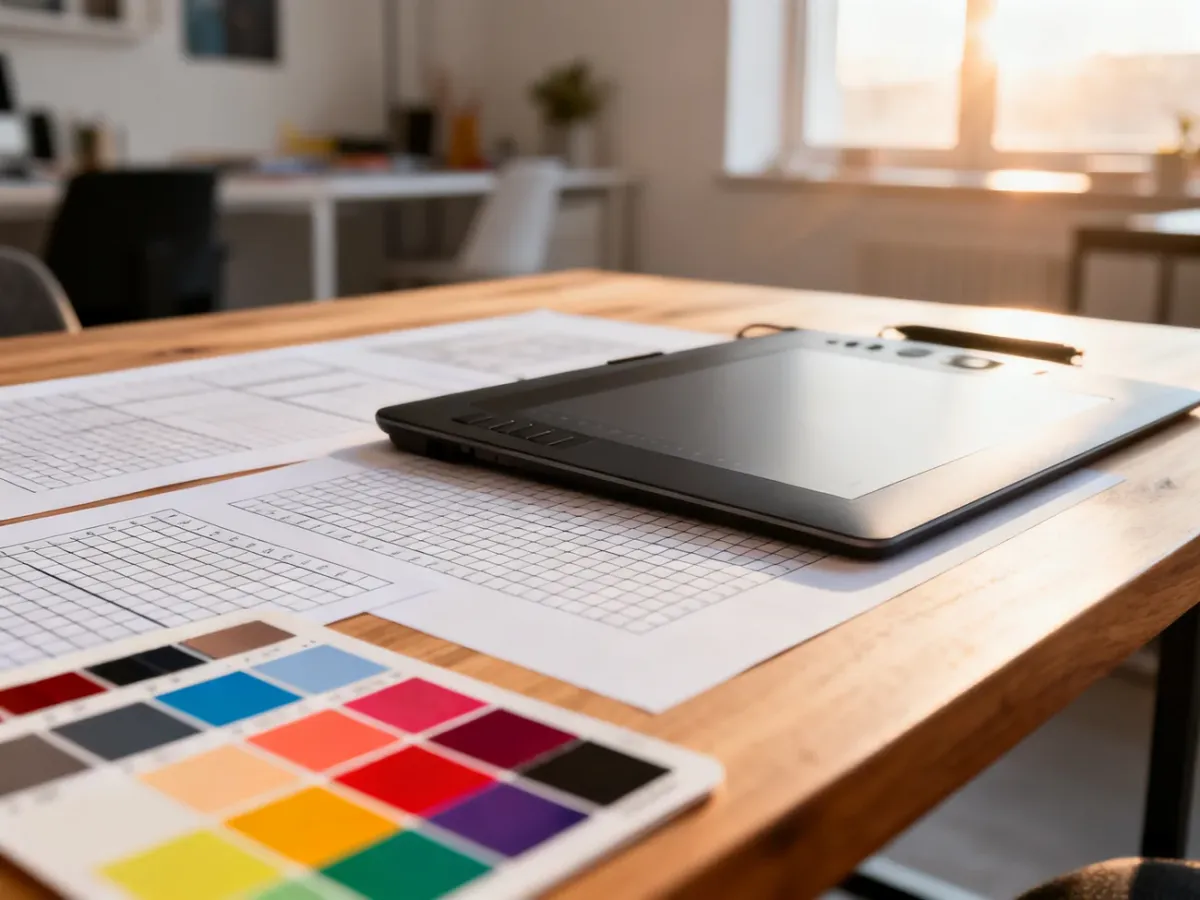 Profesjonalny projekt folderu reklamowego na biurku z tabletem graficznym i próbkami kolorów w nowoczesnym biurze.