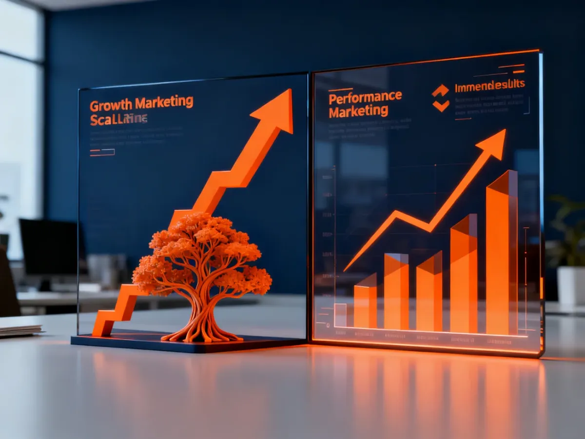 Wizualizacja porównująca growth marketing jako organiczny wzrost z performance marketingiem opartym na szybkich konwersjach.